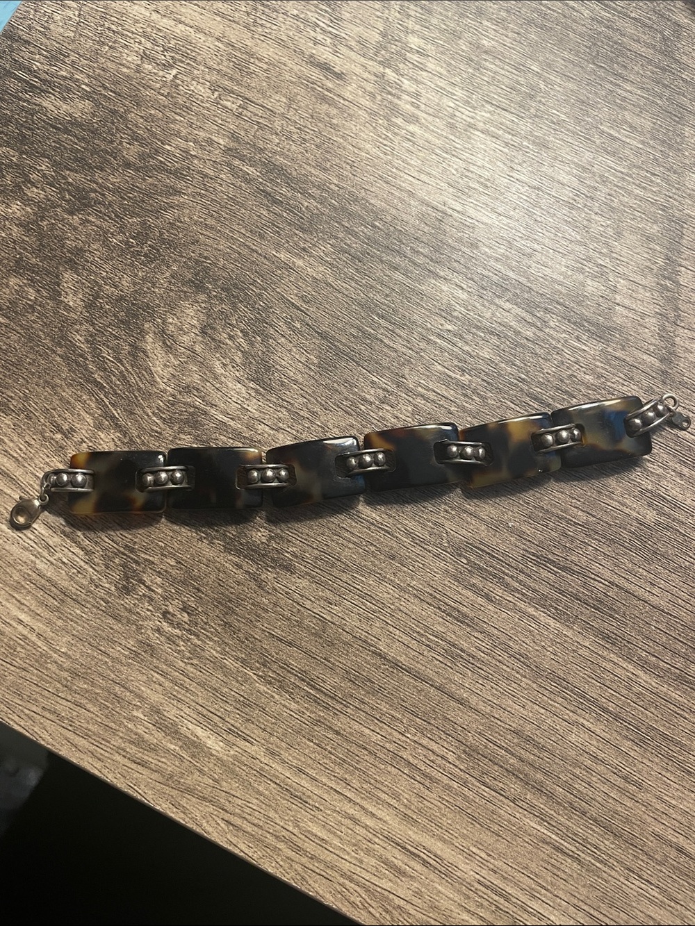 Vintage Faux Tortoiseshell Bracelet with Sterling Silver Beaded Links